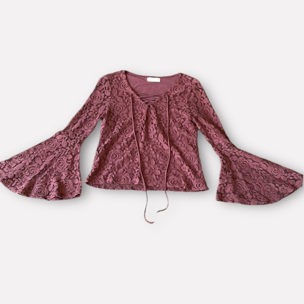 Altar'd State Pink Lace Bell Sleeve Blouse